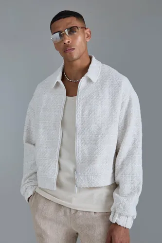 Men's Oversized Boxy Boucle Zip Through Jacket - White - L, White