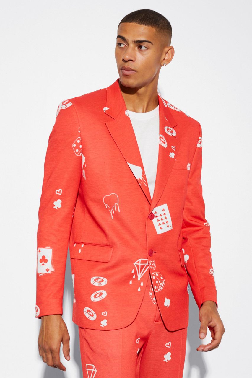 Boohoo Men's Oversized Boxy Card Print Suit Jacket - Red - 34, Red ...