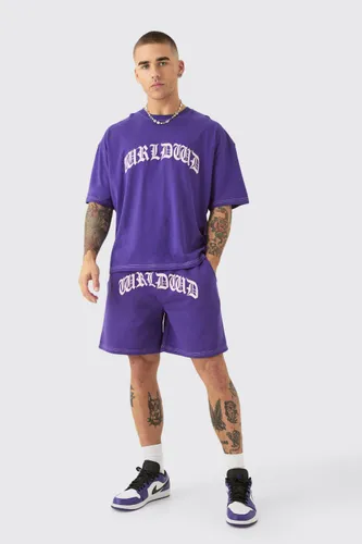Men's Oversized Boxy Contrast Stitch Puff Print T-Shirt & Short Set - Purple - S, Purple