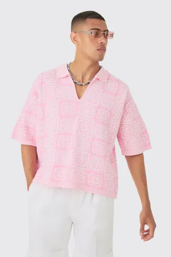 Men's Oversized Boxy Crochet Knitted Polo - Pink - S, Pink