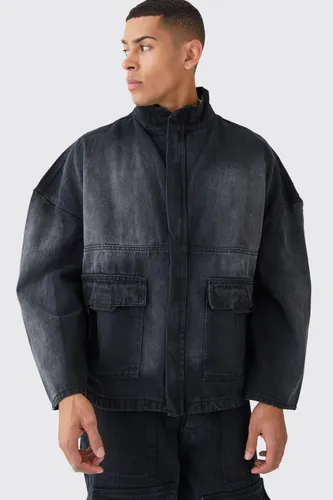 Men's Oversized Boxy Distressed Denim Jacket - Black - L, Black