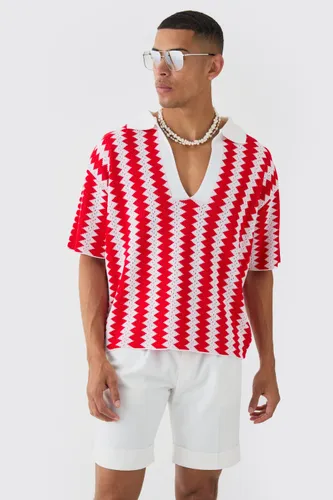 Mens Oversized Boxy Drop Revere Open Stitch Stripe Polo In Red, Red