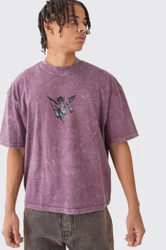 Men's Oversized Boxy Extended Neck Acid Wash M Graphic T-Shirt - Purple - S, Purple