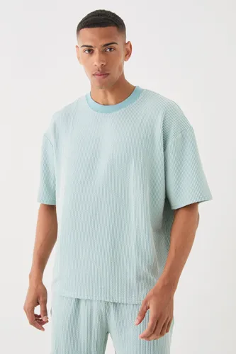 Men's Oversized Boxy Extended Neck Stripe Texture T-Shirt - Blue - S, Blue