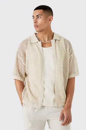 Men's Oversized Boxy Fit Crochet Shirt In Stone - Beige - M, Beige
