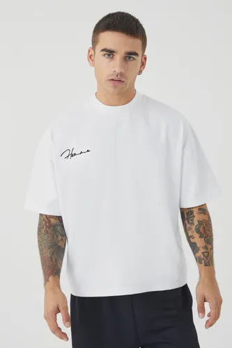 Men's Oversized Boxy Heavyweight Peached Embroidered T-Shirt - White - Xl, White
