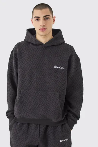 Men's Oversized Boxy Jacquard Quilted Embroided Hoodie - Black - S, Black