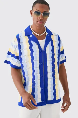 Men's Oversized Boxy Revere Open Knit Stripe Shirt In Blue - S, Blue