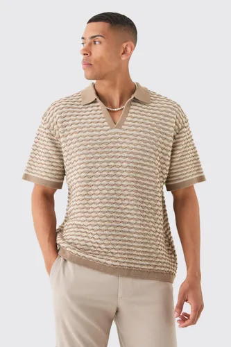 Men's Oversized Boxy Stripe Textured Knit Polo - Beige - S, Beige