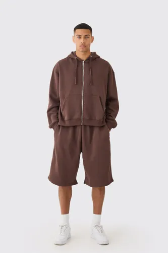 Men's Oversized Boxy Zip Through Hoodie And Long Line Shorts Set - Brown - S, Brown