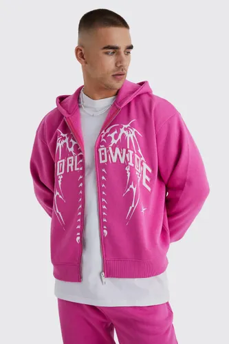 Men's Oversized Boxy Zip Through Worldwide Hoodie - Pink - L, Pink