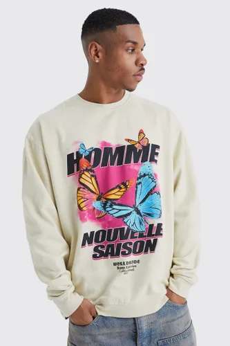 Men's Oversized Butterfly Graphic Sweatshirt - Beige - M, Beige