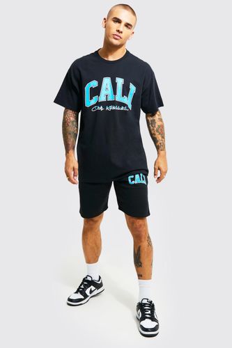 Men's Oversized Cali Varsity T-Shirt And Short Set - Black - S, Black