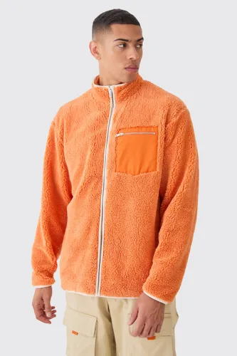 Men's Oversized Contrast Borg Jacket - Orange - S, Orange