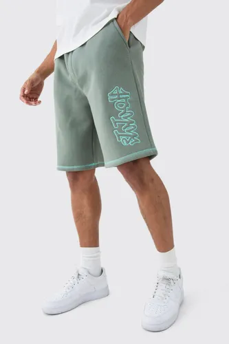 Men's Oversized Contrast Stitch Applique Shorts - Green - S, Green
