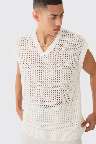 Men's Oversized Crochet Jumper Vest In Ecru - Cream - M, Cream