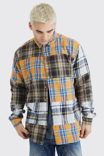 Men's Oversized Distressed Patch Checked Shirt - Multi - S, Multi