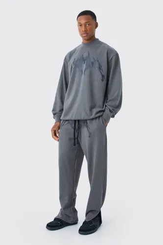 Men's Oversized Double Neck Sweatshirt Tracksuit - Grey - S, Grey