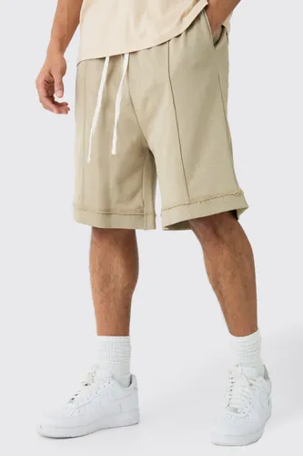 Men's Oversized Drop Crotch Rib Hem Loopback Short - Beige - S, Beige