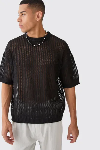 Men's Oversized Drop Shoulder Open Stitch T-Shirt In Black - S, Black