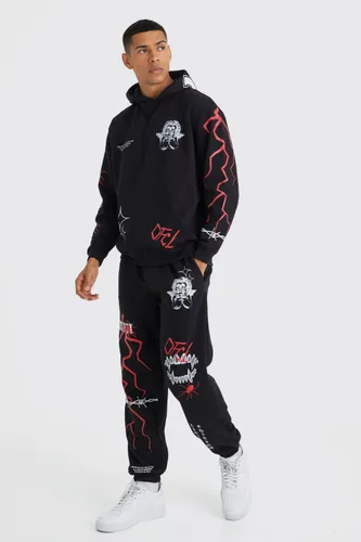 Men's Oversized Embroidered Hooded Tracksuit - Black - L, Black
