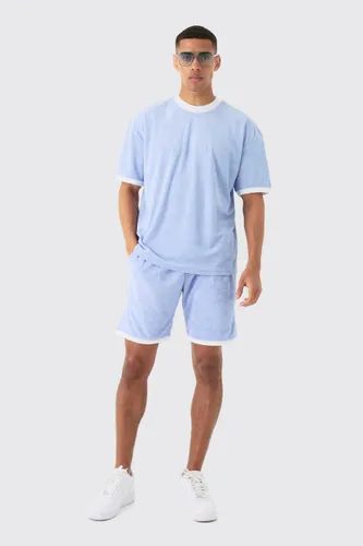 Men's Oversized Extended Neck Contrast Towelling T-Shirt & Shorts Set - Blue - S, Blue