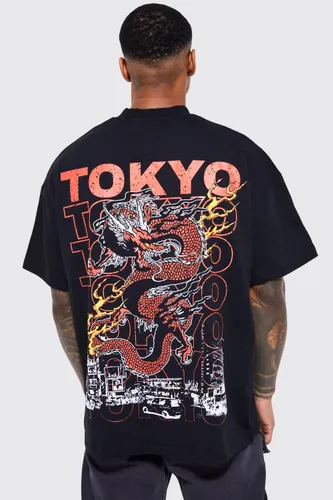 Men's Oversized Extended Neck Tokyo Dragon T-Shirt - Black - M, Black