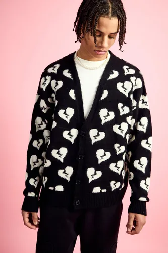 Men's Oversized Fit Cardigan With All Over Print - Black - S, Black