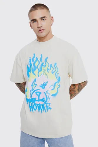 Men's Oversized Flame Teddy Print T-Shirt - Beige - S, Beige