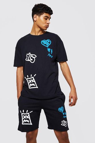 Men's Oversized Graffiti Print T-Shirt & Short Set - Black - L, Black