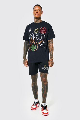 Men's Oversized Graffiti T-Shirt And Short Set - Black - S, Black