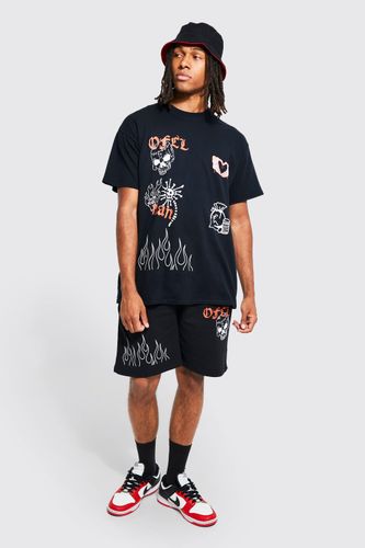 Men's Oversized Graffiti T-Shirt And Short Set - Black - S, Black