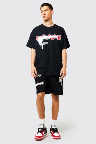 Men's Oversized Graffiti T-Shirt & Short Set - Black - S, Black