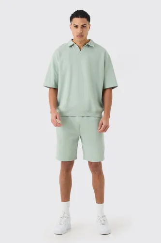 Men's Oversized Half Sleeve Revere Elastic Hem Polo And Short Set - Green - M, Green