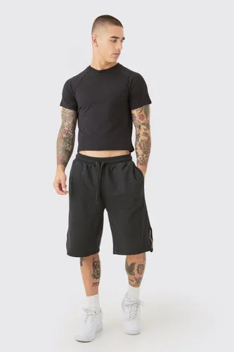 Men's Oversized Heavyweight Zip Hem Shorts & T-Shirt Set - Black - S, Black