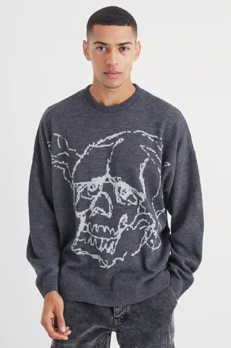 Men's Oversized Line Graphic Skull Knitted Jumper - Grey - L, Grey