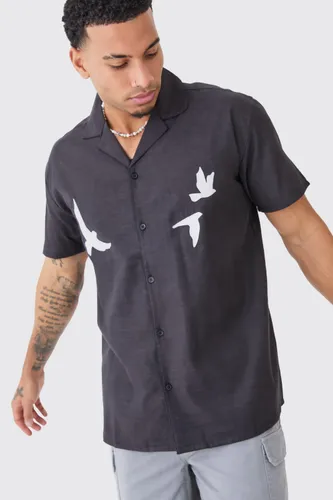 Men's Oversized Linen Look Dove Embroidered Shirt - Black - S, Black
