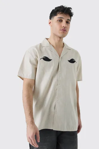 Men's Oversized Linen Look Leaf Embroidered Shirt - Beige - S, Beige