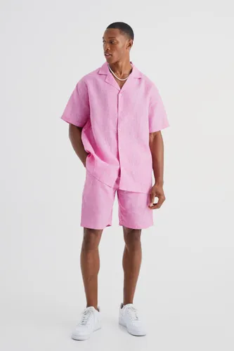 Men's Oversized Linen Look Shirt And Short Set - Purple - S, Purple