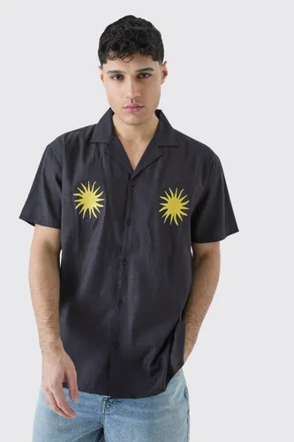 Men's Oversized Linen Look Sun Embroidered Shirt - Black - S, Black