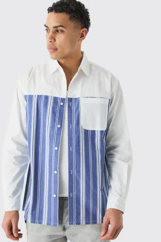 Men's Oversized Long Sleeve Poplin Panel Stripe Shirt - Blue - S, Blue