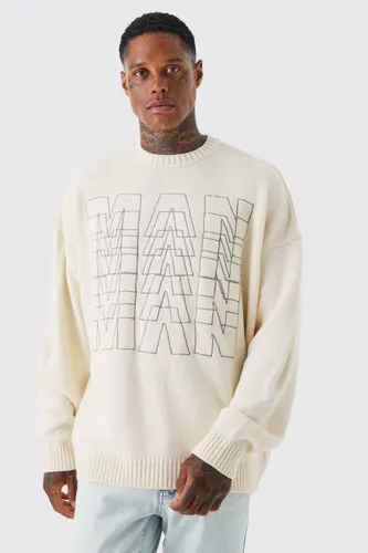 Men's Oversized Man Line Graphic Knitted Jumper - Cream - Xl, Cream