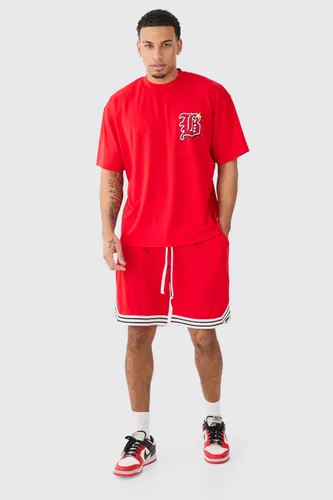 Men's Oversized Mesh Varsity Top And Basketball Shorts Set - Red - S, Red