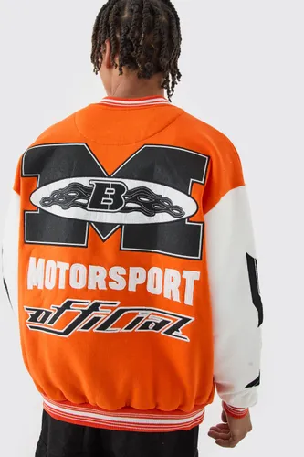 Men's Oversized Moto Applique Jersey Bomber Jacket - Orange - S, Orange