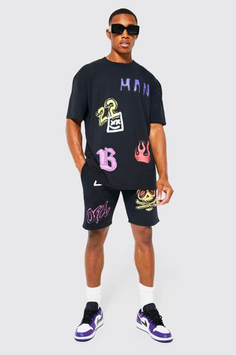Men's Oversized Ofcl Graffiti T-Shirt & Short Set - Black - L, Black