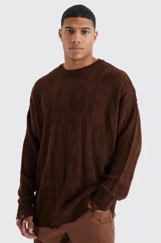 Men's Oversized Official Open Knit Distressed Jumper - Brown - L, Brown