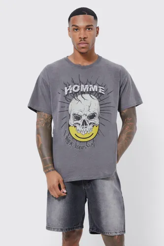 Men's Oversized Overdyed Skull Homme Print T-Shirt - Grey - Xs, Grey