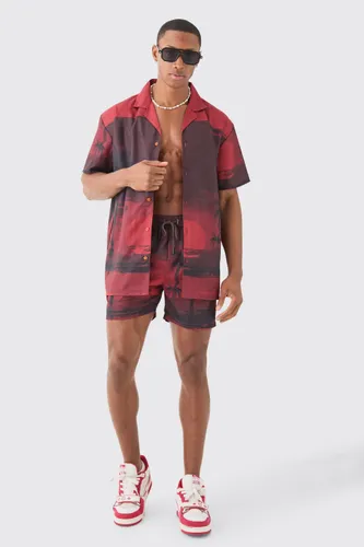 Men's Oversized Palm Shirt & Swim Short Set - Red - S, Red