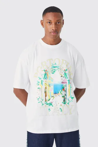 Men's Oversized Portofino Scenic Print T-Shirt - White - Xs, White