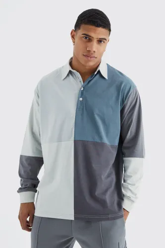 Men's Oversized Rugby Colour Block Polo - Grey - S, Grey